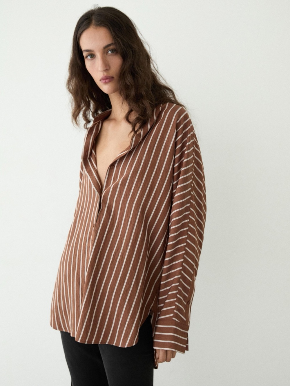 Massimo Dutti Brown and White Striped Button-Up Blouse Size Small - Picture 1 of 16